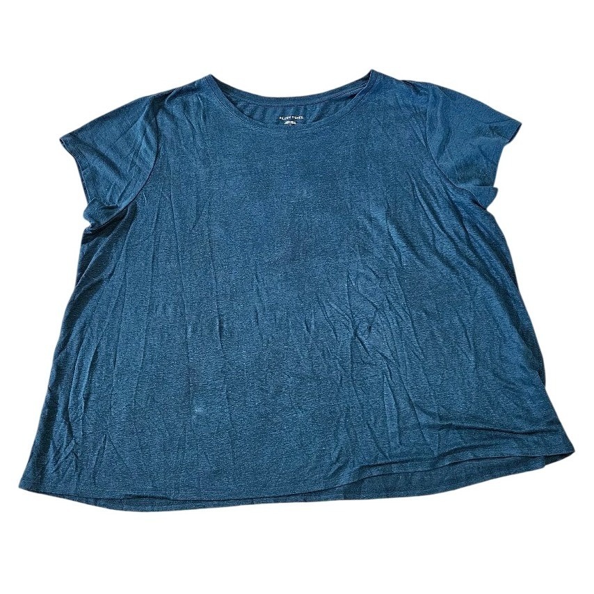 Eileen Fisher Women 1x Teal Blue 100% Organic Linen Short Sleeve Tee Top